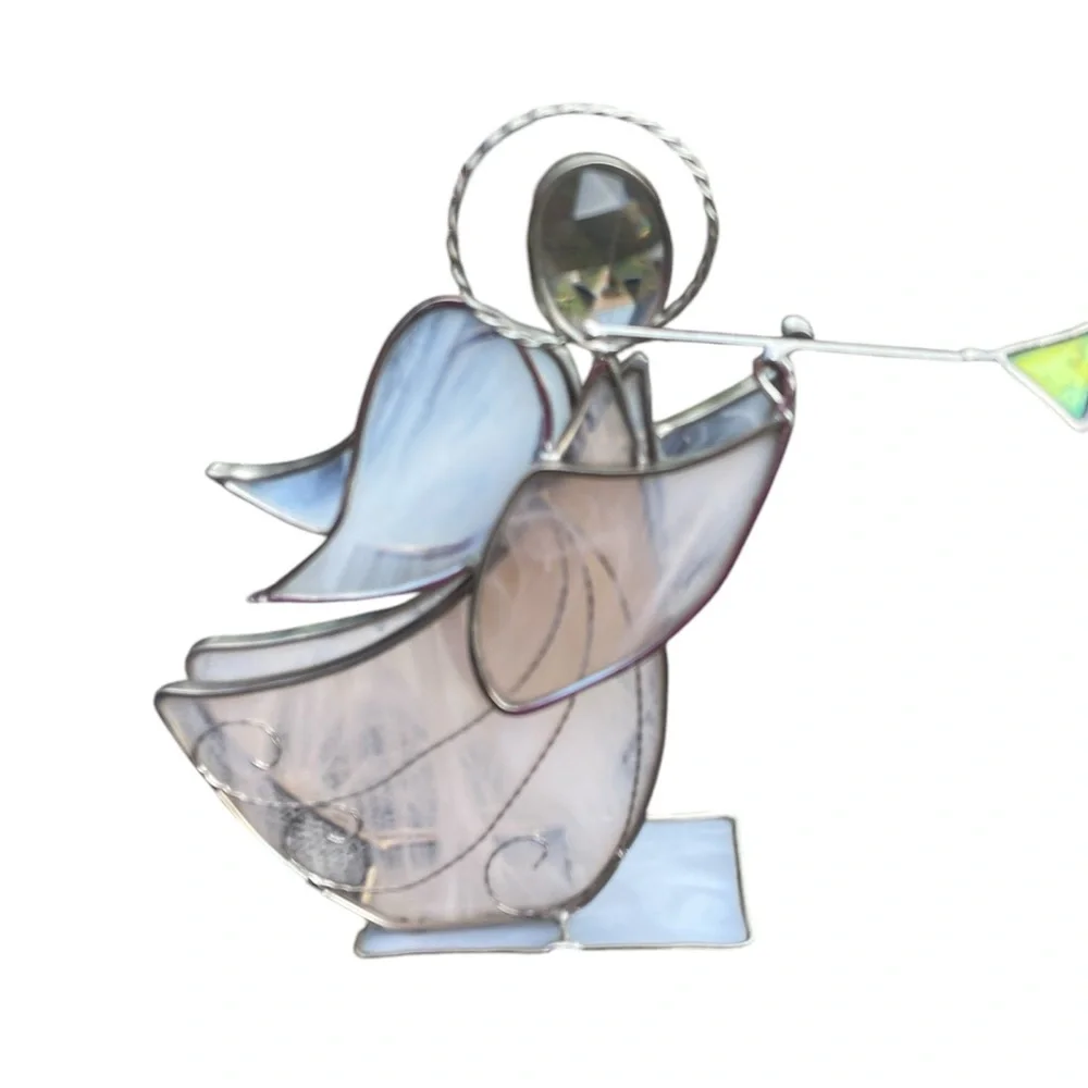 Stained glass angel sounding trumpet glass wings silver trim and halo crystal - Picture 2 of 8